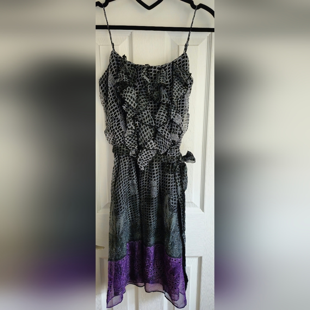 Three Eighty Two  Black, Purple Leopard Print Ruffle Dress Women's Size Medium